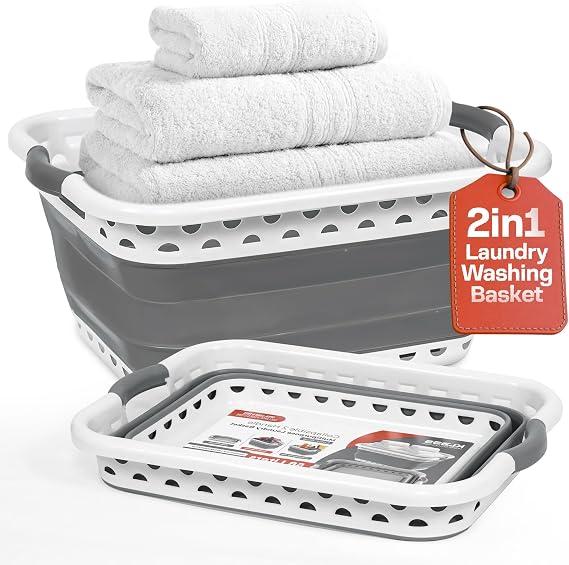 Klass Home Collection 58L Large Collapsible Laundry Baskets Plastic, Pop Up Foldable Washing Basket, Laundry Hamper For Sorting & Drying, Space Saving Folding Wash Bucket Tub (2-Handle, Grey)