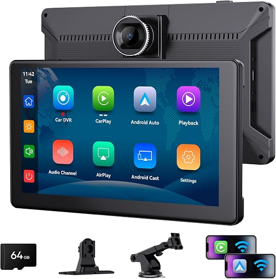 9" Wireless Apple CarPlay & Android Auto Screen for Car, 64GB SD Card