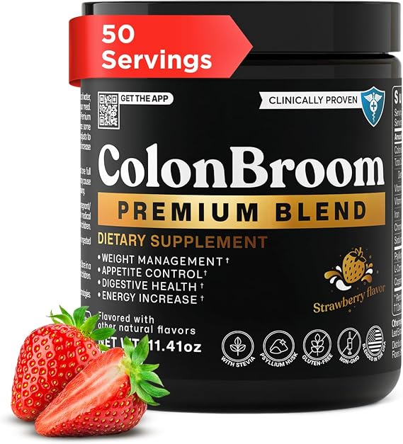 ColonBroom Premium Psyllium Husk Fiber Powder, Strawberry, 50 Servings