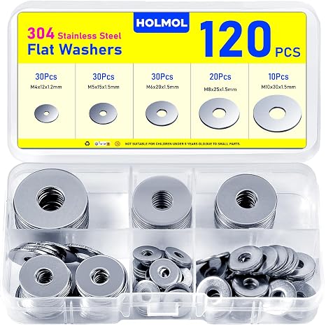 Washers 120 PCS, Flat Penny Washers, Stainless Steel Washers for Screws, 5 Sizes Washers for Bolts M4 M5 M6 M8 M10, Metal Washers Assorted, Flat Washers