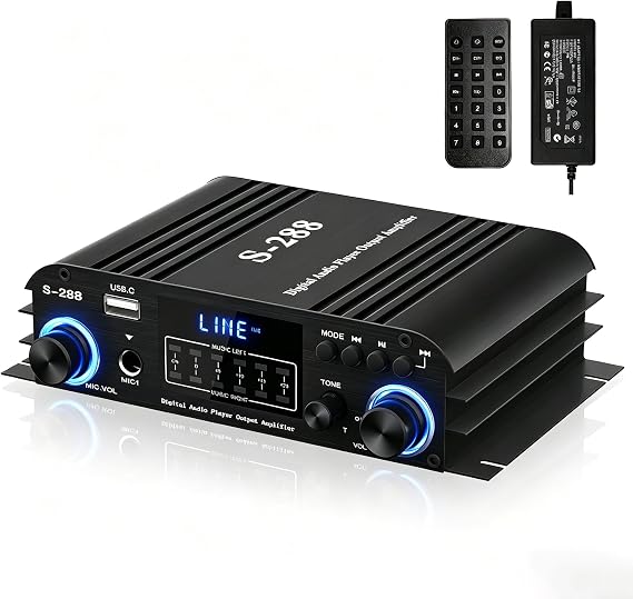4 Channel Bluetooth 5.0 Stereo Amplifier 50Wx4 HiFi Power Amplifier, 1200W Max USB/SD/FM Inputs Class D Audio Amp with Remote and Power Adapter for Home Theater & Karaoke