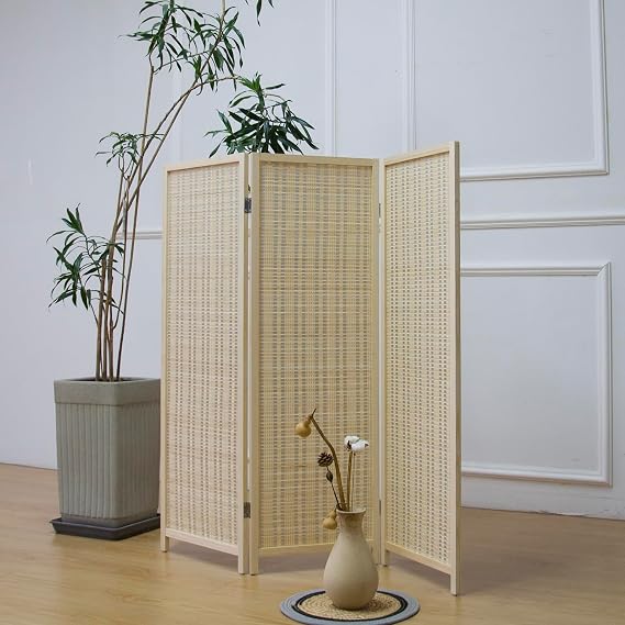 Furnnylane 3 Panel Bamboo Room Divider Short Folding Screen Divider,Double Sided Bamboo Divider Screen for Room Separation,Beige,120 cm H x 117 cm W