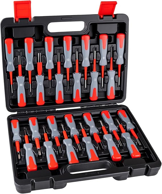 26 PCS Terminal Removal Tool Kit, Depinning Tool Pin Removal Tool Kit for Universal Vehicle Wire, Harness Connector Pin Removal Tool with Titanium Needles and Non Slip Handle