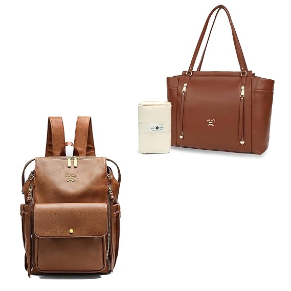 miss fong Diaper Bag Tote Leather Diaper Bag Backpack, Large Capacity Mommy Bag Hospital Bag with Crossbody Diaper Bags, Diaper Bag Purse-Brown