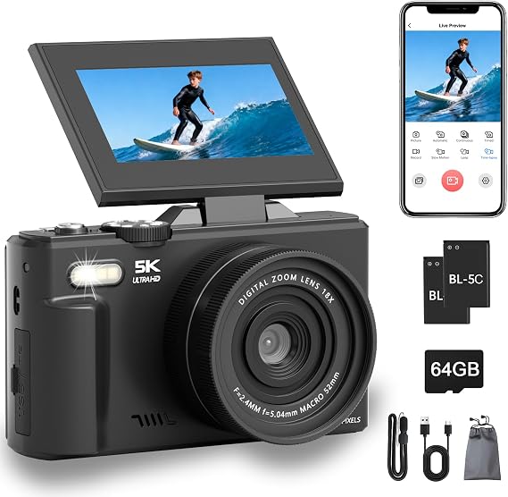 5K Dijital Fotoğraf Makinesi, 75 MP WiFi Dijital DSLR Fotoğraf Makinesi 180° Katlanabilir 3" LCD Ekran, Otomatik Zoom, 64 GB Kart, 2 Pil, Kompakt Seyahat Vlogging Kamerası