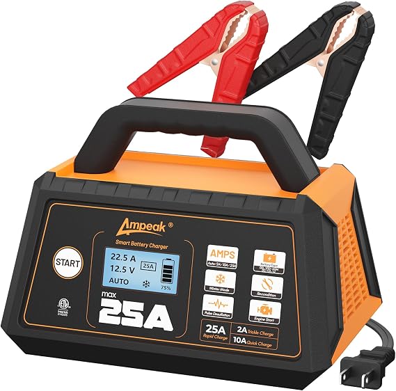 Ampeak 25A 12V Battery Charger, 2/10/25A Smart Maintainer, ETL Certified | 6 Modes, 8-Stage Charging, LCD Display, Winter Mode, Auto Desulfator, for Car Truck Lead-Acid LiFePO4