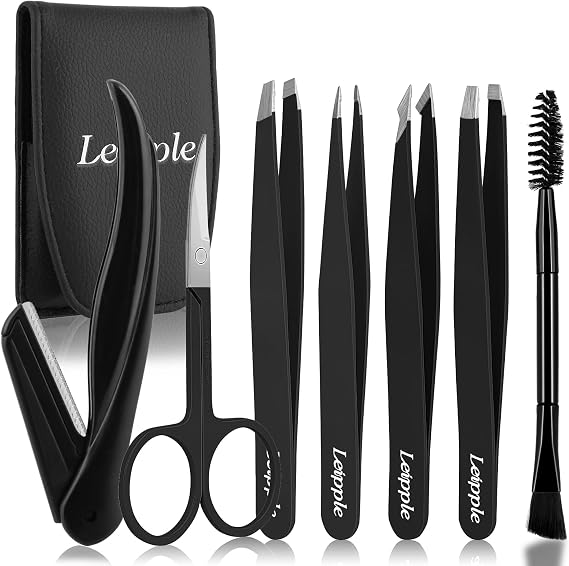 Tweezers Set 7Pcs for Facial Hair Women & Men - Precision Tweezers Set with Travel Case - Stainless Steel Tweezers for Eyebrows with Scissors, Razor, Mirror for Ingrown Hair (Black)