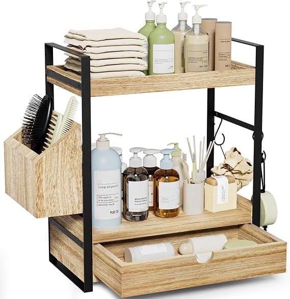 Kottwca 2 Tier Bathroom Organiser with Drawers Baskets and 2 Hooks