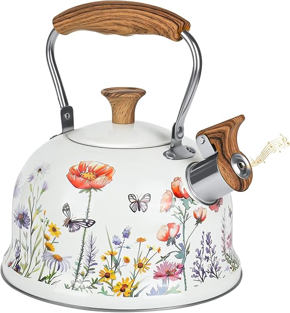 Tea Kettle - 2.7 Quart Whistling Kettle - Stove Top Kettle Gas Kettles with Anti-Hot Wood Pattern Handle -Food Grade Stainless Steel Stovetop Kettles- Anti-Rust Tea Pot for All Induction & Gas Stoves