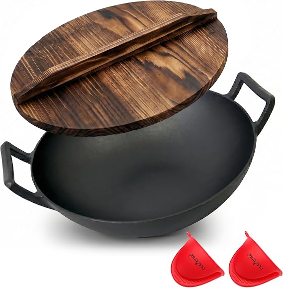 NutriChef Cast Iron Wok with Wooden Lid - Pre-Seasoned Chinese Wok for Stir-Fry, Compatible with Multiple Cooktops Including Induction, Large 5.8 Qt Capacity, 14" Diameter