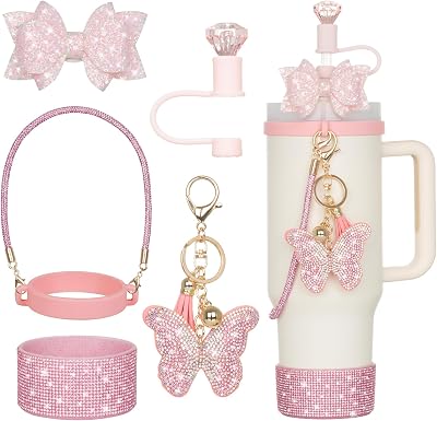 6Pcs Pink Stanley Cup Accessories with Bling Handle Strap, Diamond Straw Topper Straw Cover Cap, Bling Bow, Diamond Boot, Bling Butterfly Charms for Water Bottle Tumbler 20oz 30oz 40oz