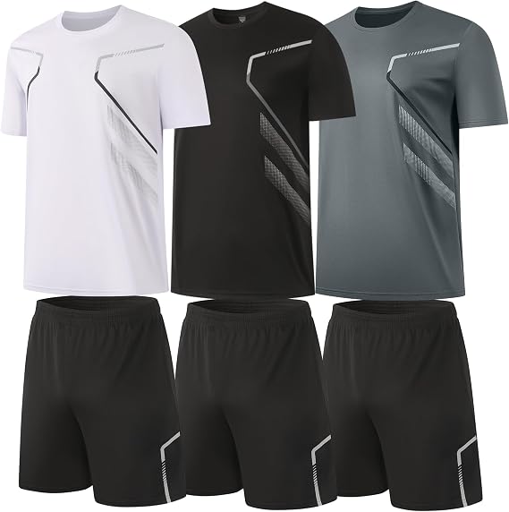 BUYJYA 3 Pack Men's Gym Shorts Shirt Set Workout Athletic Basketball Running Football Elastic Waist with Pocket Gifts