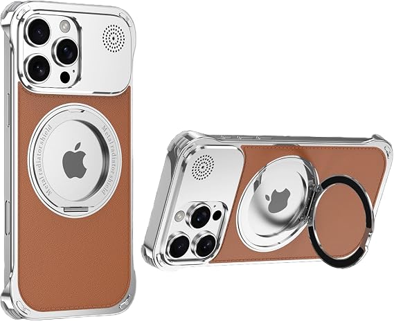 Case for iPhone 15 Pro Max/15 Pro/15, Aluminum Metal Frameless Leather Back Slim Fit Case with 360 Rotating Kickstand, Compatible with MagSafe (Silver, 15 Pro)