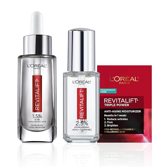 L'Oreal Paris Revitalift 1.5% Pure Hyaluronic Acid Face Serum 1 oz + Hyaluronic Acid Eye Serum .67 oz, to Hydrate and Visibly Plump Skin + Moisturizer Sample
