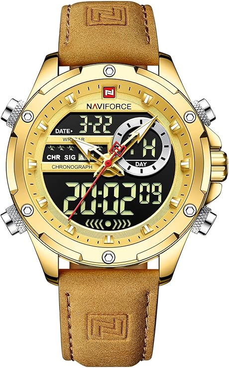 NAVIFORCE Men's Military Digital Watches Japanese Quartz Movement Analog Quartz Waterproof Watch Sport Multifunctional Leather Wristwatch