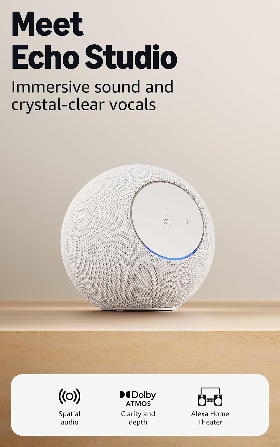 Amazon Echo Studio (newest gen), compact design, immersive spatial audio and Dolby Atmos, Glacier White, with Alexa+ Early Access