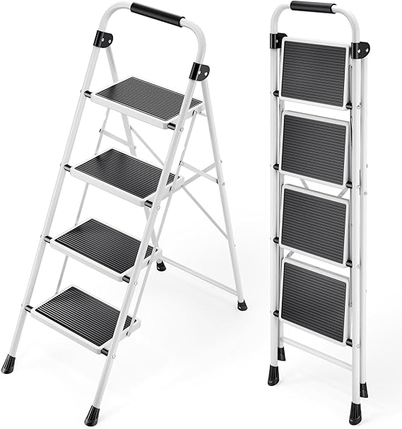 KINGRACK Step Ladder, Folding Ladder with Non-Slip and Wide Pedal, Folding Step Stool for Adults, Lightweight and Portable Step Ladder (White, 4 Steps with handrail)