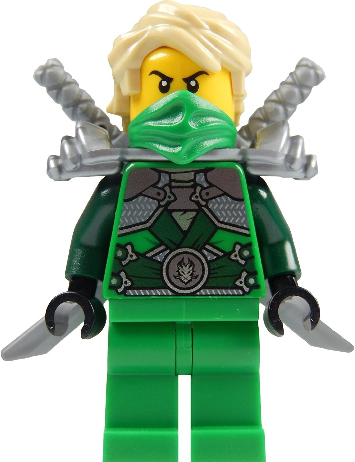 LEGO Ninjago: Lloyd Garmadon Green Ninja Minifigure with shoulder armor and 2 Katanas Swords
