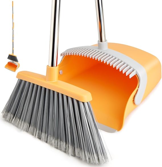 Broom and Dustpan Combo Set,Long Handle, Gray Yellow