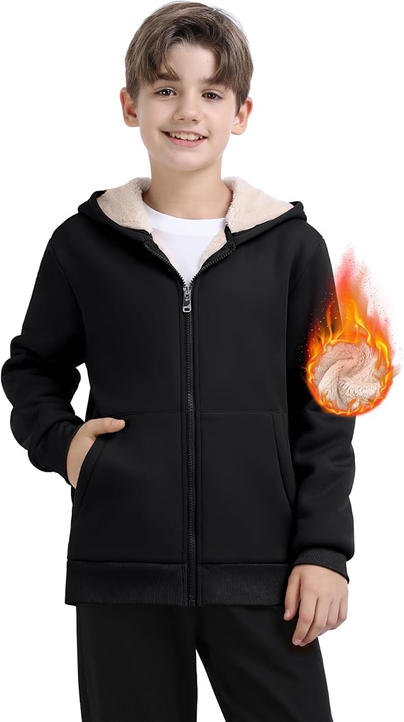 MoFiz Kids Sherpa Lined Hoodie Fleece Jacket Boys Girls Warm Sweatshirt Full Zip Hooded Soft Winter Coat School Outerwear