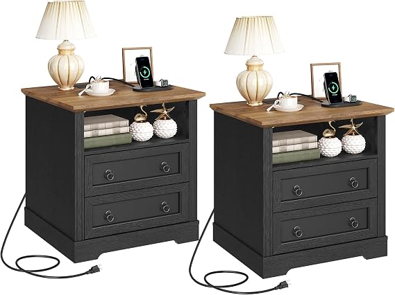 Farmhouse Nightstand Set of 2 with Charging Station and 2 Drawers
