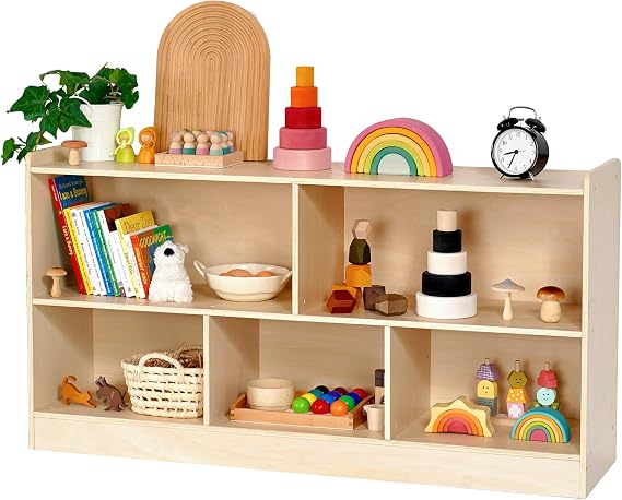 Montessori Book and Toy Shelf for Kids, 5-Section Organizer, Birch Plywood