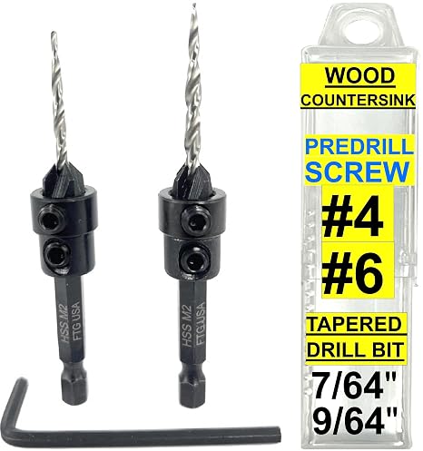 FTG USA #4#6 Tapered Countersink Drill Bit Hex Shank Set with Depth Stops