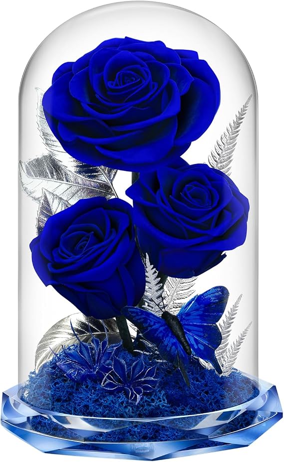 Preserved Rose in Glass Dome - Forever Flowers for Women, Mom, Wife - Birthday, Anniversary, Valentine's - Fresh Flowers for Delivery Prime (Blue)