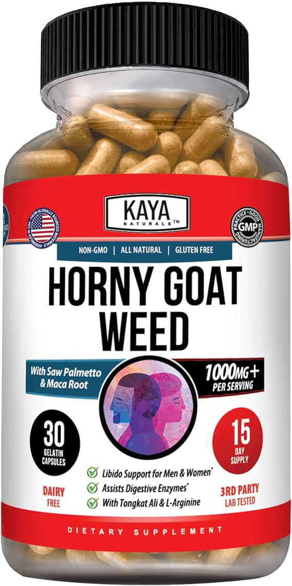 Kaya Naturals Horny Goat Weed Extract, 30 Count | Maca, Extra Strength Complex, Saw Palmetto Ginseng, Arginine Vitamin Supplement