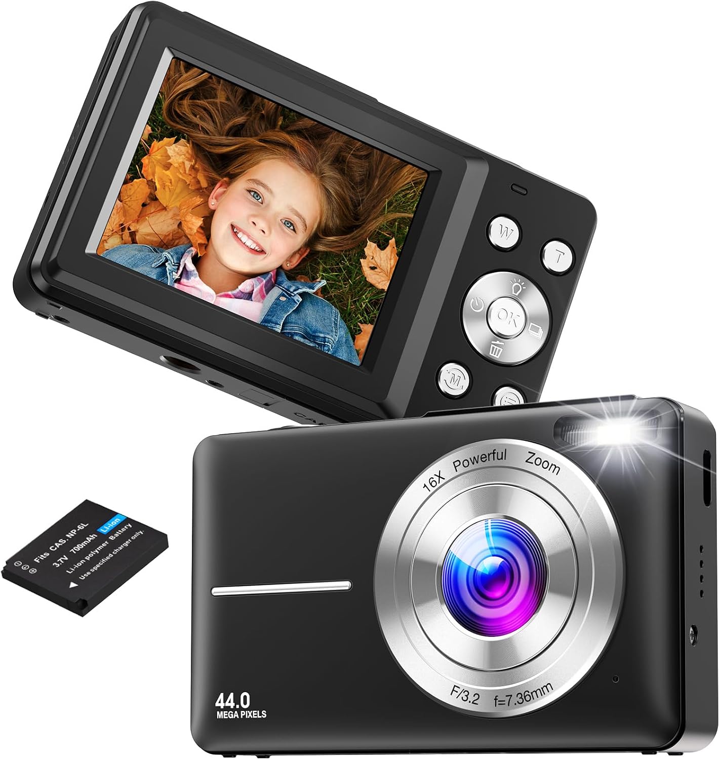 Digital Camera, Vlogging Camera Rechargeable Portable Mini Cameras FHD 1080P 44MP Compact Cameras with 16X Digital Zoom, with 1 Battery for Teens,Kids,Beginners（Black）