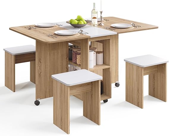 Mondeer Folding Dining Table and Chairs Set 4, Space Saving, Oak and White | Drop Leaf Table with 4 Chairs, Storage Shelves, for Small Spaces Kitchen Dining Room Apartment, W120 x D80 x H80 cm