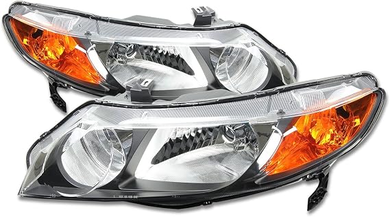 DNA MOTORING Headlights Assembly Compatible with 2006-2011 Honda Civic 33101SNAA02, 33151SNAA02, HO2503125, HO2502125, Black/Amber, HL-OH-HC064D-BK-AM