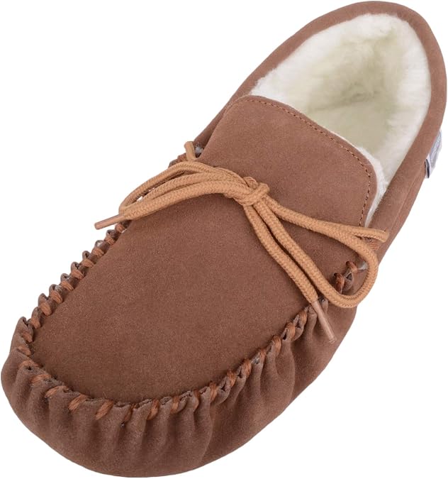 SNUGRUGS Men's Alfie Wool Lined Suede Sole Moccasin Slipper, Light Brown, 11 US