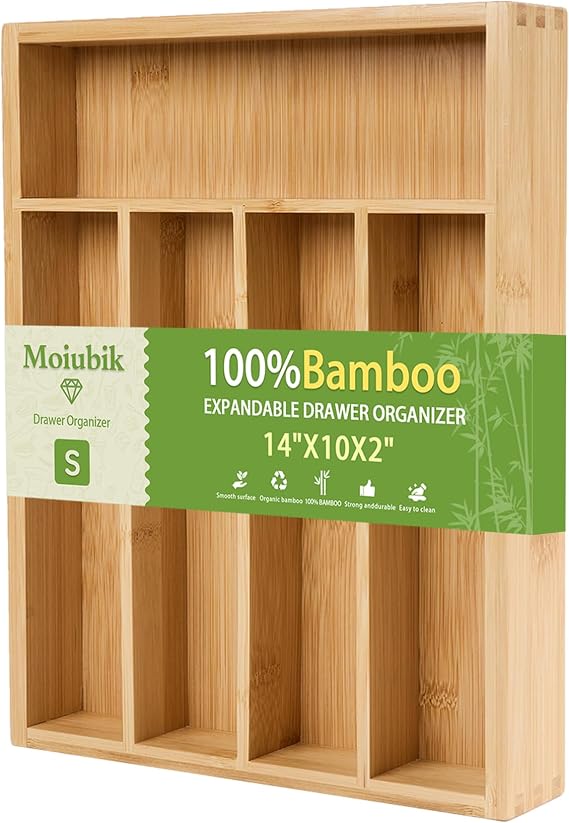 Bamboo Silverware Drawer Organizer, Utensil Tray and Cutlery Holder for Kitchen Drawer, Flatware Storage Organizer for Spoons, Forks and Knives Natural 5 Slot