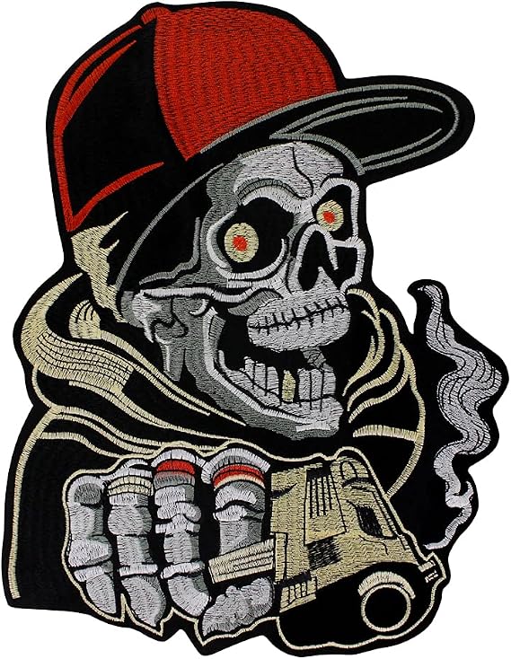 Embroidery Patch Large Back Biker Patches Skull with hat Fabric Sticker Iron on or Sew on for Baseball Clothes DIY Cool Badges