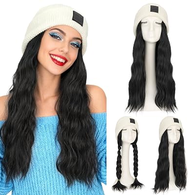 S-noilite White Beanie Wig Hat with Hair Attached for Women Knitted Beanie Wigs Winter Hats with 18 Beach Wavy Hair Extensions26,#01 Black