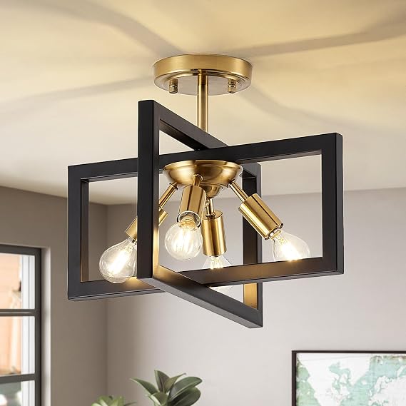 Black and Gold Ceiling Lights Living Room, 4 Lights Modern Semi Flush Mount