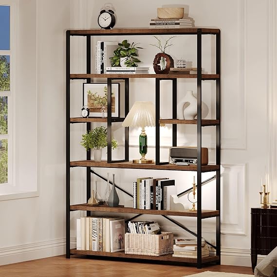 LVB Rustic Bookcase and BookShelf, Metal Wood 6 Tier Book Shelf, Industrial Vertical Display Etagere Book Case 6 Shelf, Vintage Large Book Shelves for Bedroom Living Room, Brown, 180 CM