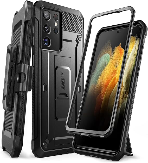 SUPCASE for Samsung Galaxy S21 Ultra Case with Built-in Kickstand, Black | 1x Front Frame, Charge Port Cover, Belt Clip Holster, Military-Grade Protection, Anti-Slip, Shockproof, Unicorn Beetle Pro