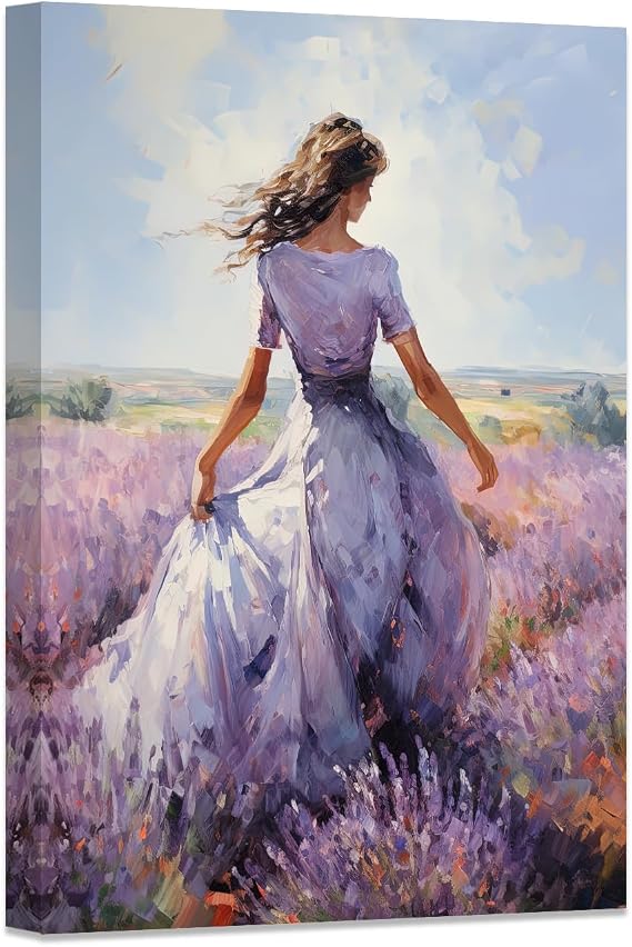 ZHOUWALLPIC Lavender Woman Canvas Wall Art,Abstract Girl on Flowers Field Paintings,Purple Floral Field Artwork Picture Prints Home Decor(Girl01 12 * 18inch)