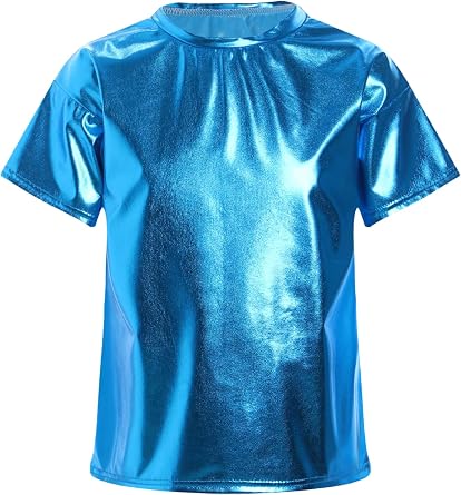 Kids Boys and Girls Shiny Metallic Dance Party Performance Tops Fahsion Hip Hop Street Short Sleeve T-Shirt