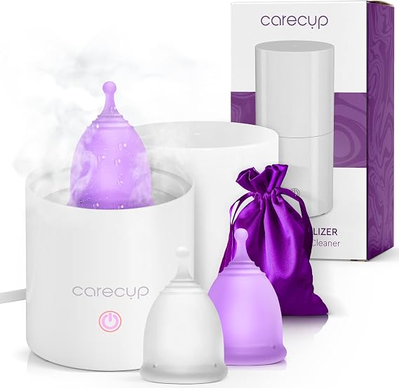 Menstrual Cup Sterilizer - Modern Menstrual Cup Cleaner Unscented Sanitizer - 2-Minute Automatic Steam Wash - Holder Fits Small Soft & Large Period Disc - 99.9% of Germs (Steamer + Cups)