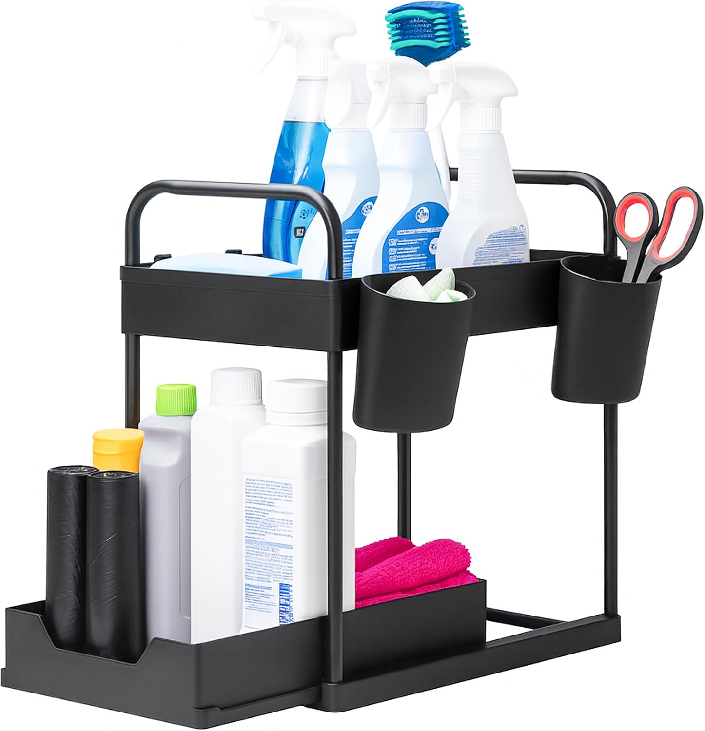 Innoteck Under Sink Organiser 2-Tier Storage Rack with 4 Hooks & 2 Cups, Slide-Out Basket Design for Kitchen or Bathroom, Matte Black Under-Sink Shelf – H40 × L39 × D30cm