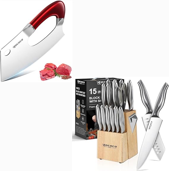 ROCOCO The 15 PCS Kitchen Block Knife Set and Effort Saving Kitchen Knife Red Set for Cutting Ribs Roasts Fruits Veggies Multipurpose Kitchen Knives for BBQ Birthday Thanksgiving Christmas Gift Ideal