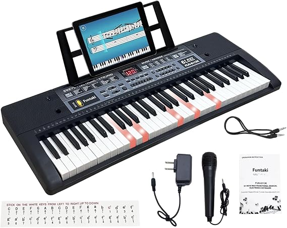 61 Key Electronic Keyboard Piano with Lighted Up Keys, Musical Mini Keyboard Piano with keyboard stand, Digital Portable Synthesizer Keyboards for Beginners Kids Adults (Black)