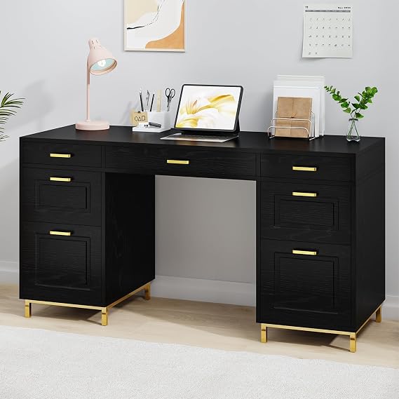 MaverickFurni Black Computer Desk with 7 Drawers, 57 Inch Home Office Desk with File Drawers, Wood Modern Desk with Storage for Bedroom, Executive Desk with Golden Legs and Handles, Black and Gold