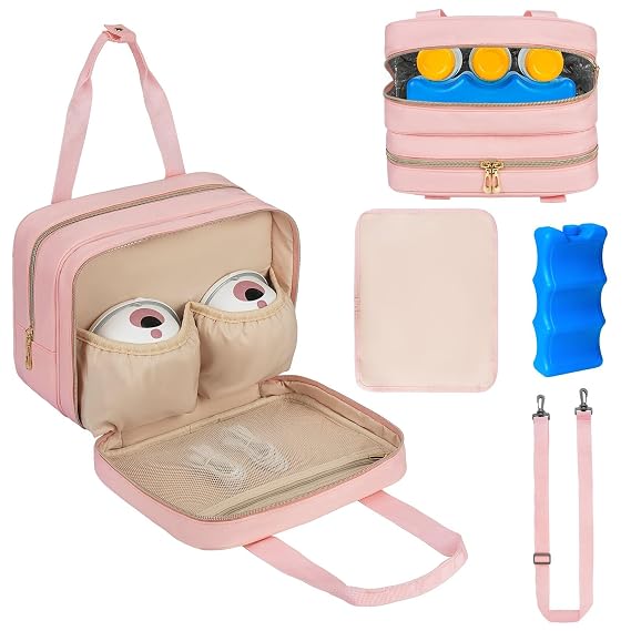 Breastmilk Cooler Travel Bag, Wearable Breast Pump Storage Bag Compatible with Momcozy/Eufy/Paruu/Elvie/Willow/Medela Breast Pump with Ice Pack and Waterproof Mat,Pink