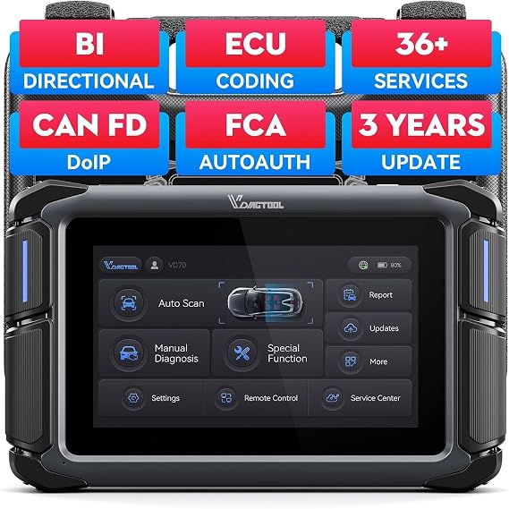 VDIAGTOOL VD70 Bi-Directional Scan Tool 2024 Newest Automotive Diagnostic Scanner 3 Years Update ECU Coding Over 36 Resets OE Full System Scan CAN FD & DoIP Key Programming Crankshaft Relearning