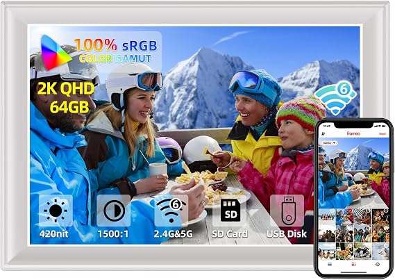 64GB 2K 11inch Digital Photo Frame WiFi6&5G Digital Picture Frame 100% sRGB 1920x1280 FHD IPS Touch Screen,Share Photos & Videos via Frameo App, Extend Storage by SD Card and USB Drive,Clock,Weather