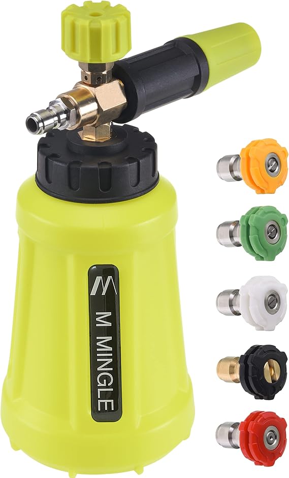 M MINGLE Foam Cannon for Pressure Washer, 1 Liter with 5 Nozzle Tips | Car Foam Sprayer with 1/4 Inch Quick Connector, Wide Mouth Heavy Duty Car Wash Foam Blaster Power Washer, 3000 PSI
